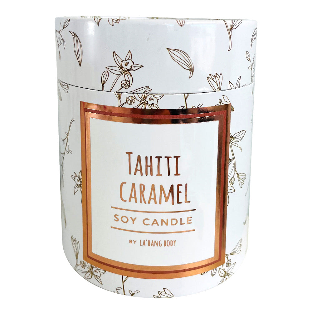 Wooden wick Candle - Tahiti Caramel - Rose Gold Luxe edition with plastic lid