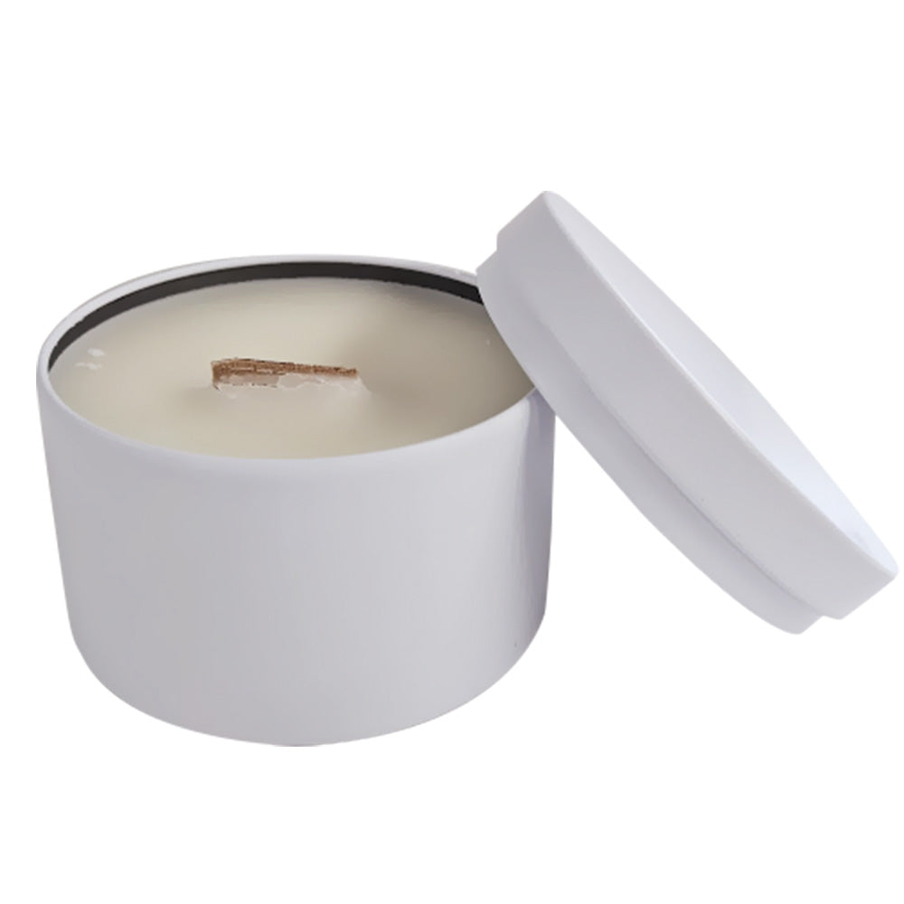 Wooden wick Candle Tin White
