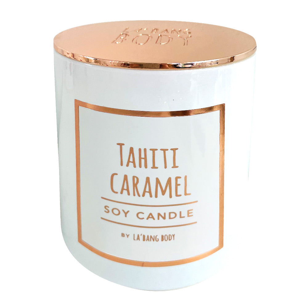 Wooden wick Candle - Tahiti Caramel - Rose Gold Luxe edition with plastic lid